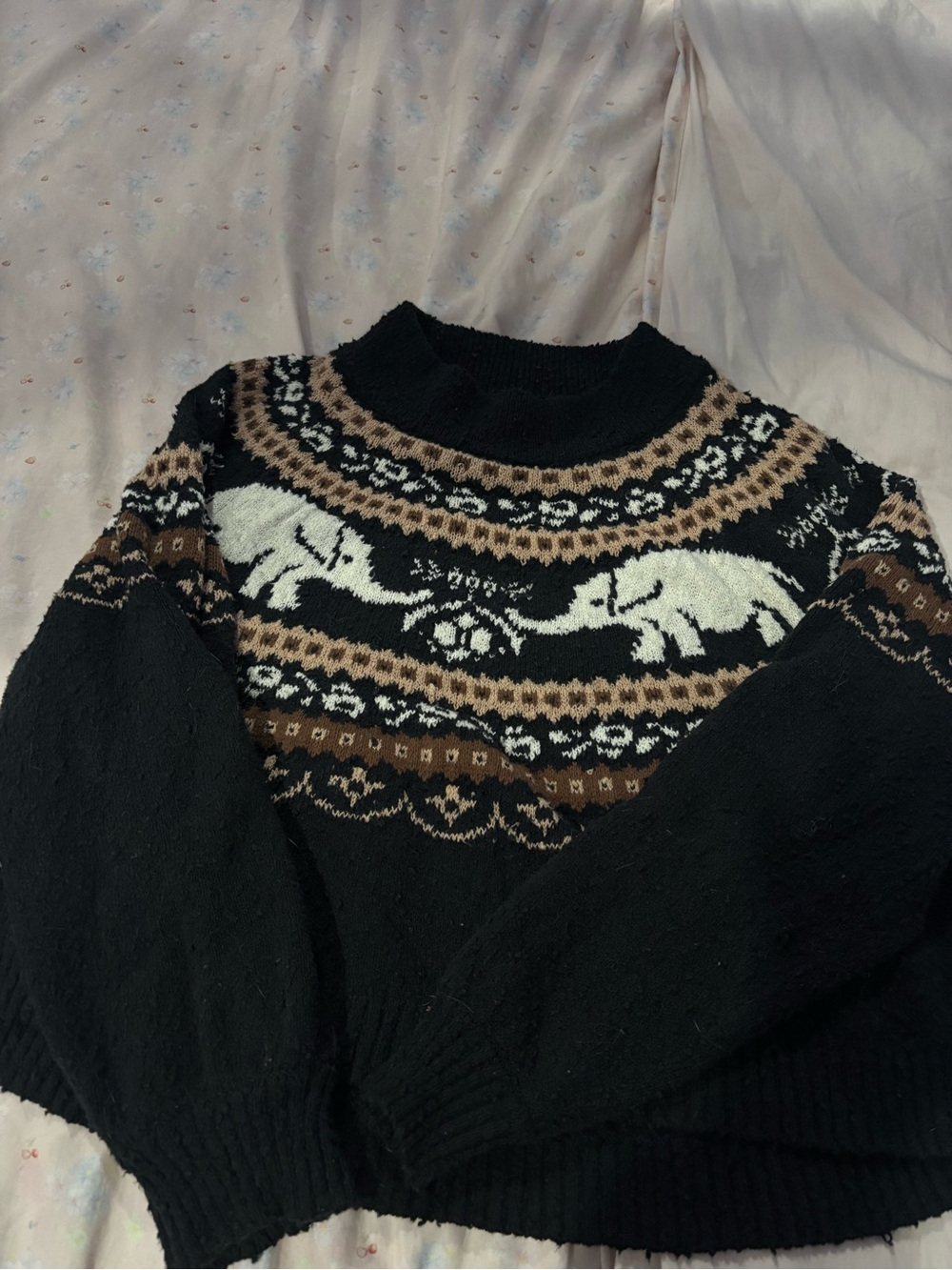 Free People Black Fair Isle Sweater with White Elephant Motif